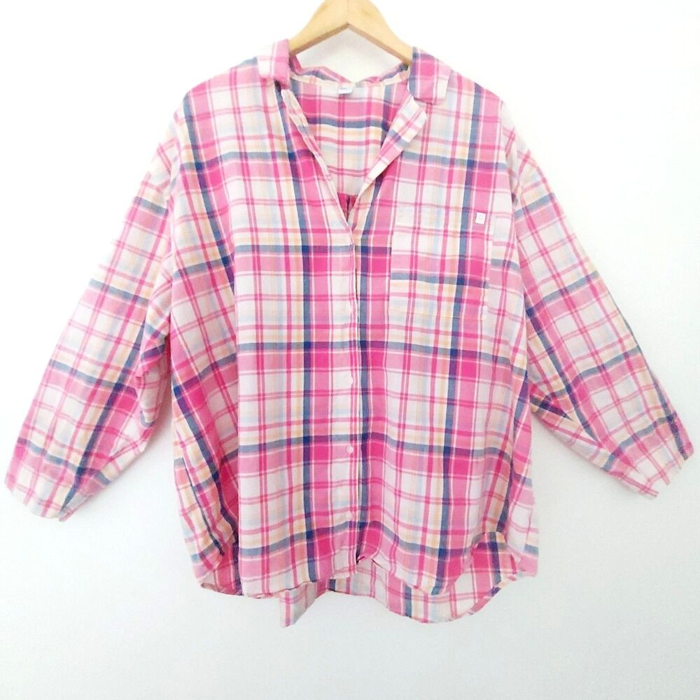 Old Navy Button Up Shirt Pink Plaid XL 3/4 Sleeves V-neck